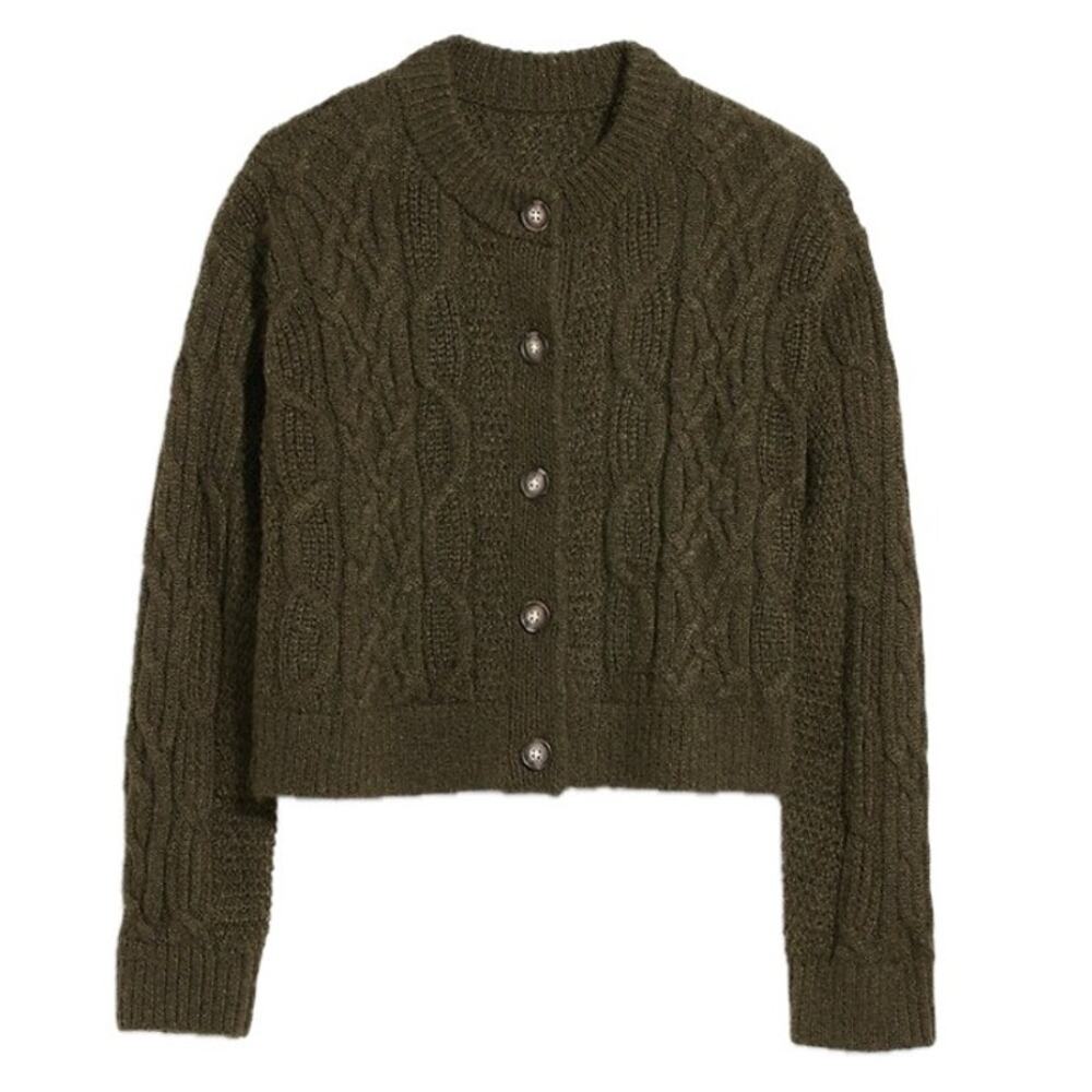 Old Navy Heritage Green Cropped Button Front Cable Knit Cardigan Sweater